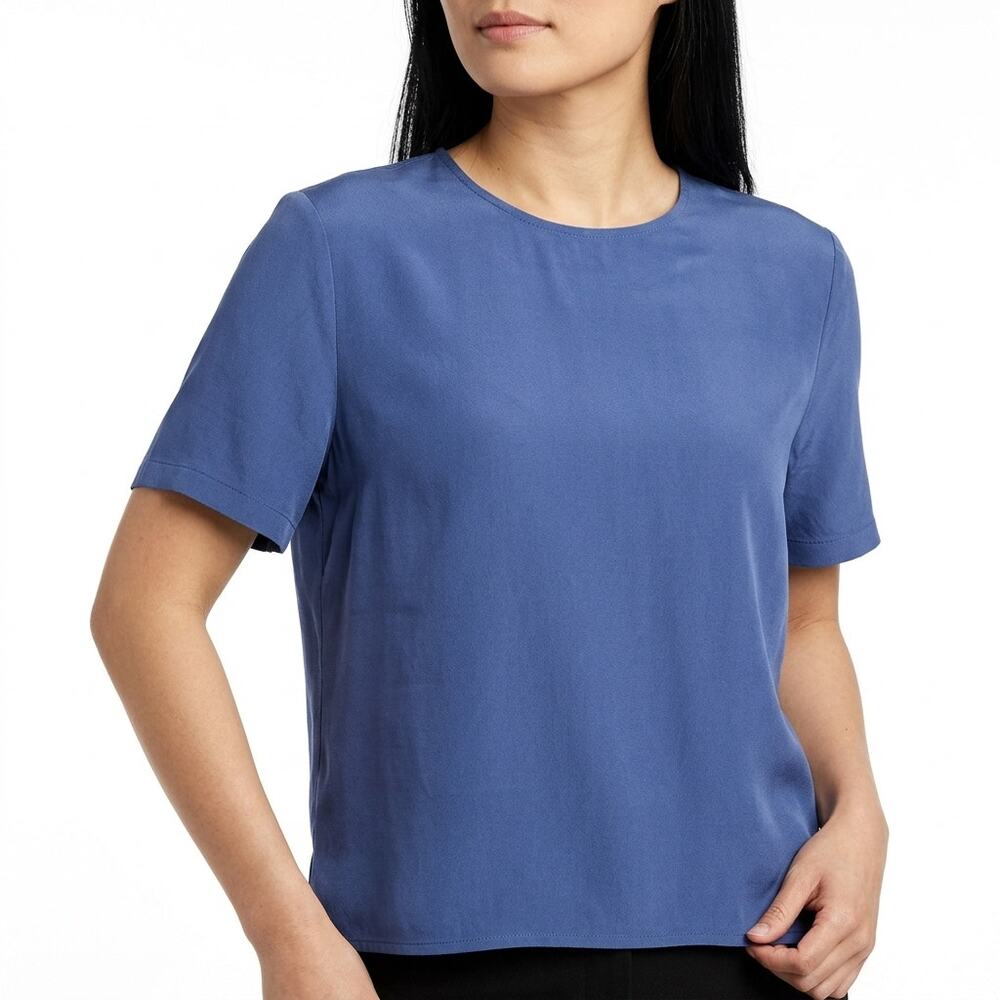 Orvis 100% Silk Blue Blouse Solid Short Sleeve Women Size XL